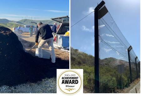 Photo of man shoveling compost. Photo of misting system at PRIMA landfill.